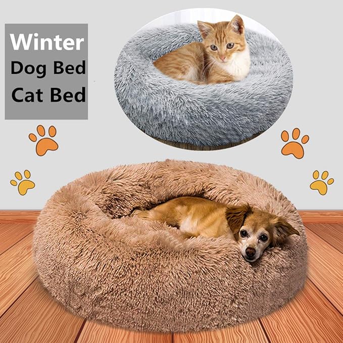 huraty Plush Dog Bed Pet Calming Fur Bed, Fluffy Donut Round Cat Beds, Anti-Slip & Anti-Anxiety, 16 Inch for Puppy and Kitties, Black, XS