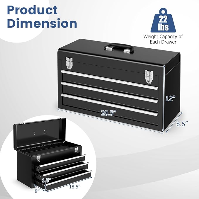 Metal Tool Box, 3-Drawer Tool Box with Carry Handle, 2 Latches & Liner, Portable Tool Chest Storage Box Organizer for Garage, Warehouse & Repair Shop (Black)