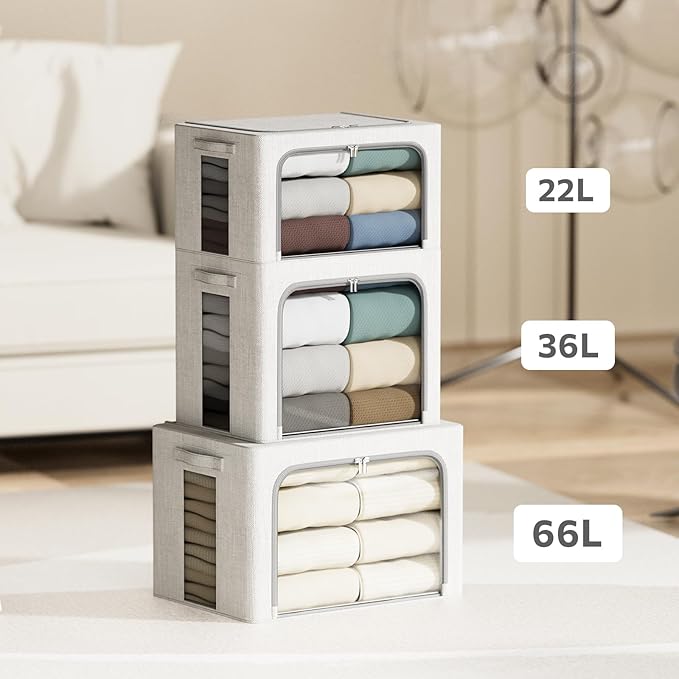 4 Pack Clothes Storage Bins with Metal Frame - 66L Stackable Storage Box with Lid，Foldable Storage Container Organizer for Clothes，Linen Fabric Storage Box with Clear Window＆Zippers＆Handles