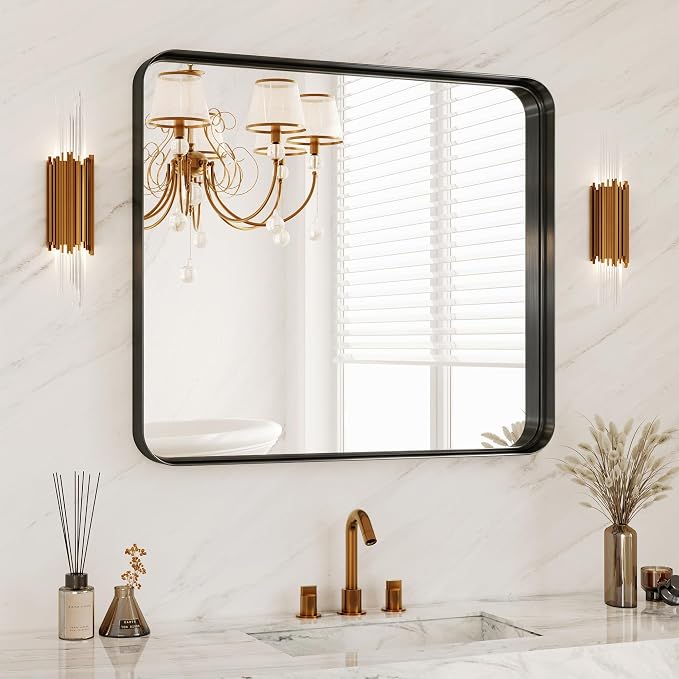 28x32 Inch Black Metal Framed Bathroom Mirror