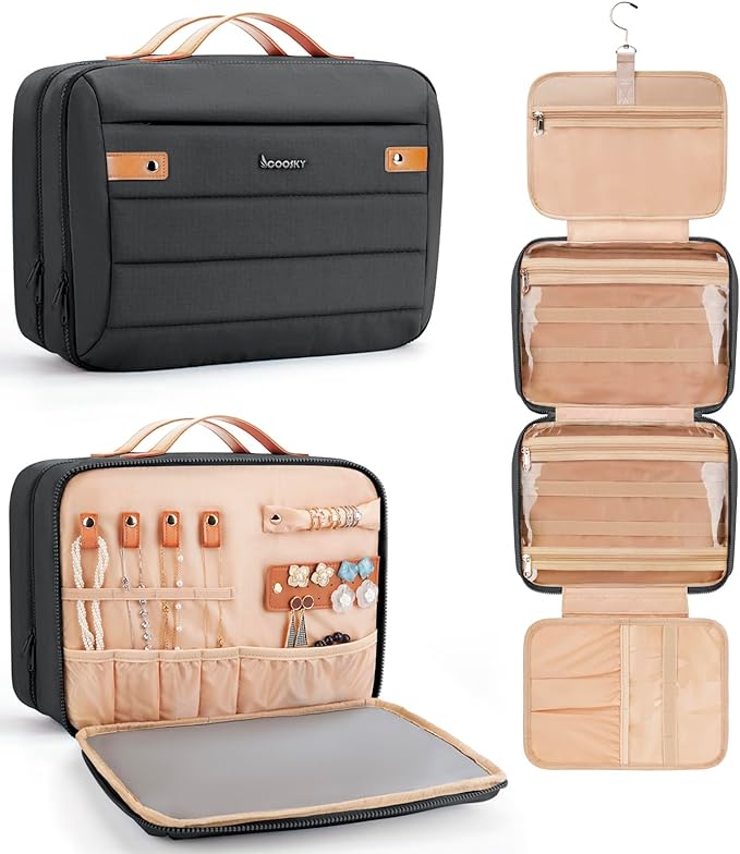 Women's Hanging Toiletry Bag, Waterproof Travel Cosmetic Organizer with Jewelry Storage, Large Capacity Makeup Case for Full-Size Skincare & Bathroom Essentials, Portable Cosmetic kit, Black