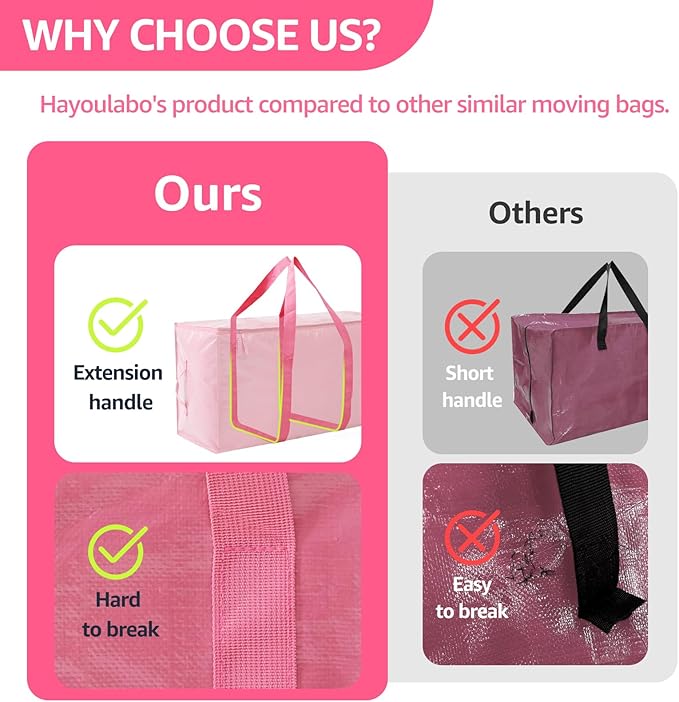 Moving Bags Heavy Duty Extra Large, Moving Boxes, Moving Supplies Essentials,Storage Bins with Lids, Plastic Packing Totes, Storage Bags for Clothes with Handles & Zippers(Pink, 10 Pack)