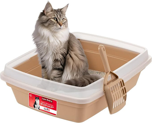 IRIS USA Cat Litter Box, Open Top with Scoop, Easy Clean Plastic Pan for Indoor Cats & Kittens, Beige