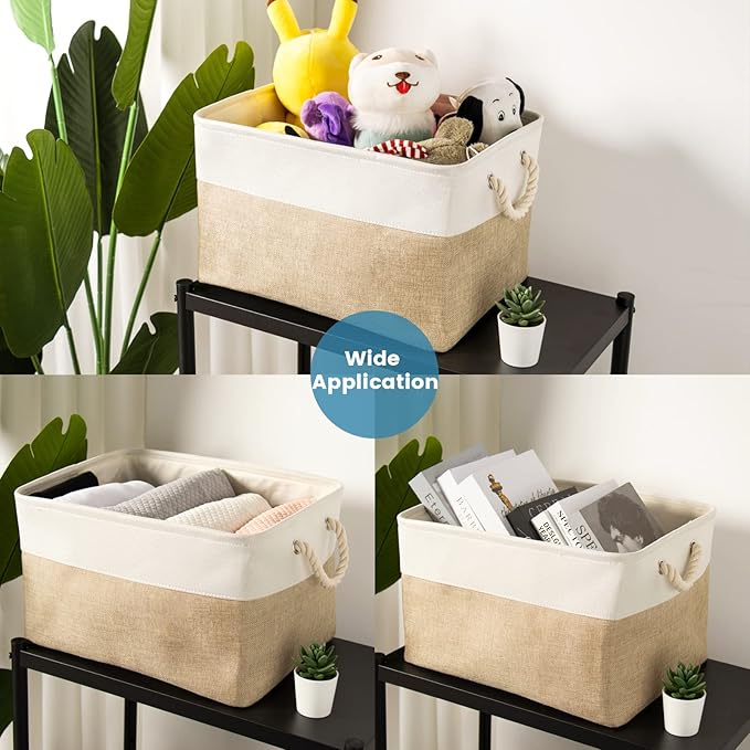 HOdo Home 15.8×11.8×9.5 In/3PCS Fabric Storage Bins with Drawstring Closure and 2 Bold Handles, Collapsible Large Cubes Canvas Baskets for Organizing Shelf Nursery Home Closet (White and Yellow)