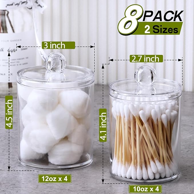 AOZITA 8 Pack Acrylic Qtip Holder Dispenser with Lids & Labels, Cotton Swab, Ball, Round Pads, Floss Picks Storage Canister - Clear Plastic Apothecary Jar for Bathroom Vanity Makeup Organizer