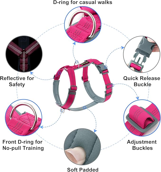 Plutus Pet No Pull Dog Harness, Adjustable Nylon Harness with Soft Padding, Reflective and Heavy Duty Dog Harness for Small, Medium, Large Dogs(Hot Pink, L)