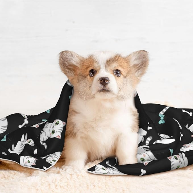 Double Sided Plush Pet Blanket with Cozy Dot Texture and Smooth Reverse, White Cute Cats, Reversible Throw for Dogs Cats on Couches Beds Crates
