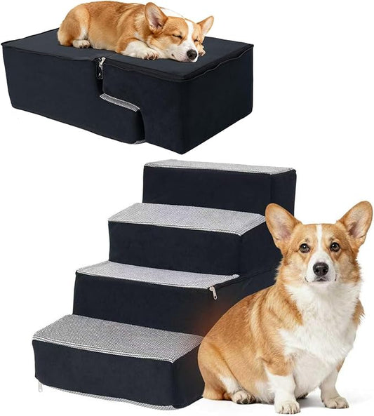Dog Stairs for Small Dogs, 3 Step Dog Stair for High Bed and Couch, Non-Slip High Density Foam Sturdy Pet Steps with Removable Washable Cover for Older Cat
