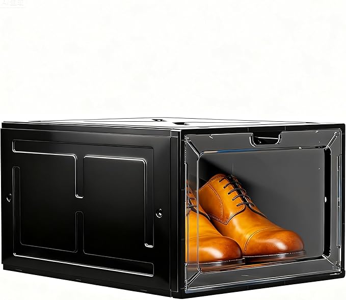 1 Pack Black Drop-Front Sneaker Box with Magnetic Door, Stackable Shoe Organizer for Closet or Room, Fits up to Size 13 – 13.5 x 10.55 x 7.5 In