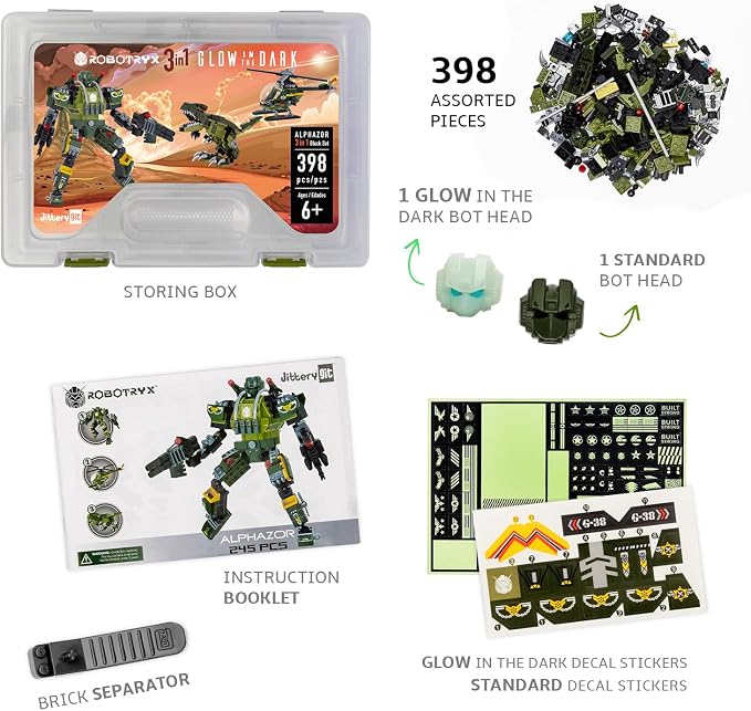 JITTERYGIT Robot Army Buildable Mech Soldier Glow in The Dark Gift Toy Set, Helicopter Military Creative STEM Project, Dinosaur Building Bricks Kit for Kids Ages 6-11 Years Old