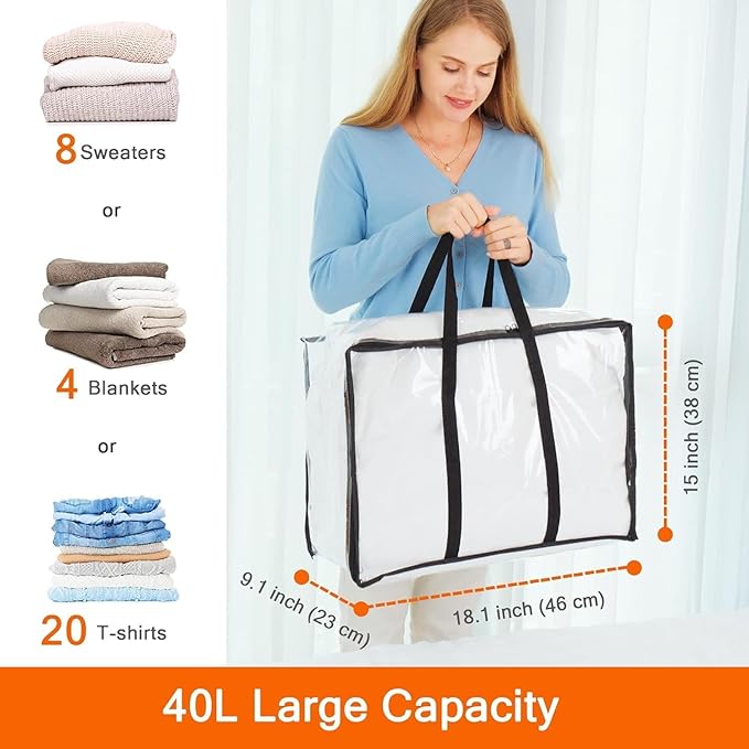 Vieshful 7 Pack Clear Comforter Storage Bag, 40L Clothes Storage Bag with Zipper Closet Organizer, Plastic Storage Containers Moving bags for Comforter, Blanket, Bedding, Duvet, Toys