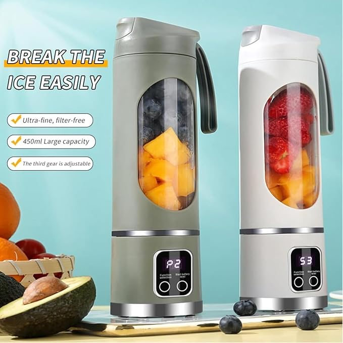 Portable 16oz Wireless Juicer, Portable Blender Personal Electric-Digital Multimode Smart LED Display, 3 Speed12-Blade Fresh Juice Bottle, USB Rechargeable for Shakes and Fruit Juice (White)