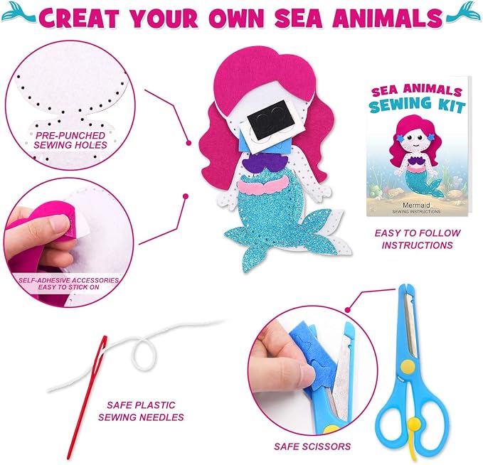 CiyvoLyeen Sea Animals Sewing Kit Mermaid DIY Felt Plush Craft Kit Make Your Own Ocean Animals Gifts for Beginner Boys and Girls Educational Kids Art Craft Supplies Set of 12