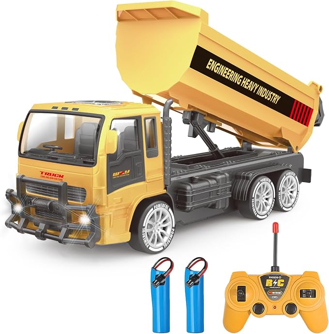 Remote Control Dump Truck for Kids, 2.4GHz RC Construction Vehicle with LED Lights, 45° Dumping Function, 2 Rechargeable Batteries, Toy Truck for Boys Girls 3 4 5 6 7 8 Years Old
