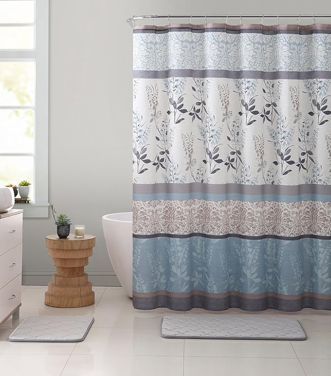 Serafina Home Hotel Quality Fabric Bathroom Shower Curtain: Farmhouse Floral Bordered Damask - Light Blue, Beige, and Grey (72 x 70 inches)