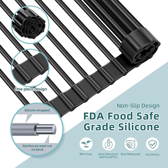 Ohuhu Over The Sink Dish Drainer Drying Rack, 17.6" W x 15.4" L Roll Up Dish Racks Kitchen Sink Organizer Silicone Wrapped Large in Sink Dish Drying Rack Foldable Rolling Drain Mats Anti-Slip
