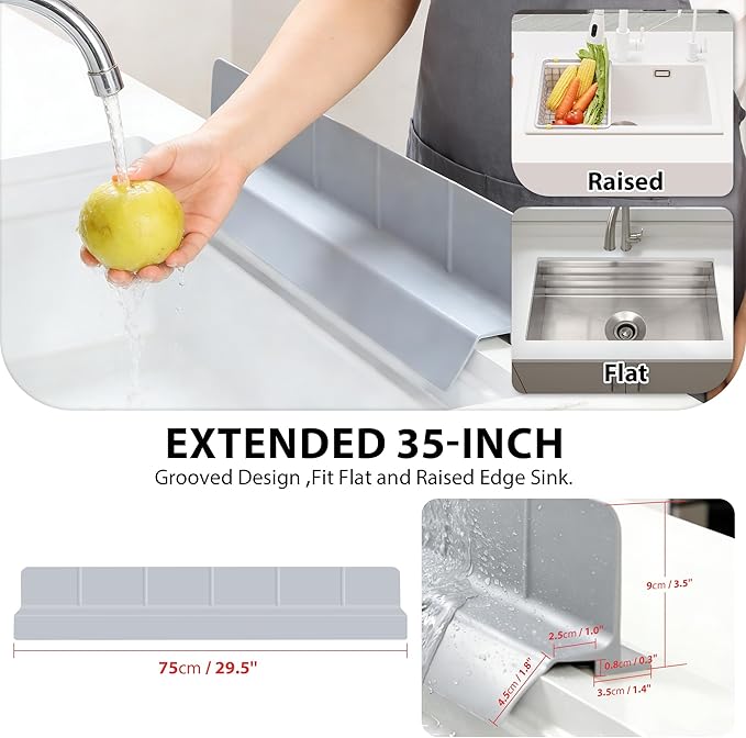 29Inch Sink Splash Guard – Extended Length & Tall Silicone Kitchen Sink Splash Guard with Overhang Drainage Design & Strong Suction Cups for Countertop(Grey, 29''x3.5'')