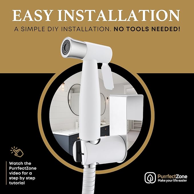 Purrfectzone Bidet Sprayer for Toilet, Bidet Sprayer for Feminine Wash, Premium Stainless Steel Jet Spray for Toilet, Wall-Mounted or Toilet Tank Mounted - White/Chrome