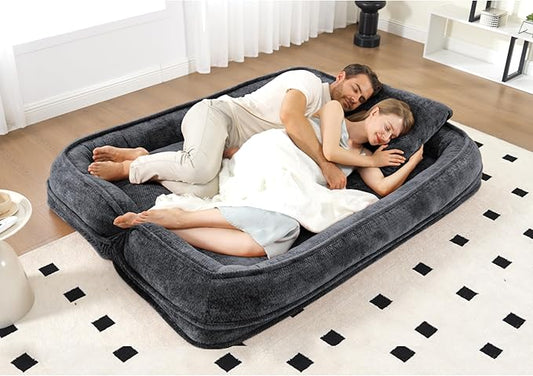 Double Human Dog Bed for Adult and Kids, Comfy Foldable Lazy Floor Loveseat Sofa Bed with 5 Adjustable Position, Upholstered Floor Bean Bag Lounger Chair for Bedroom, Living Room,Office (Dark Gray.)