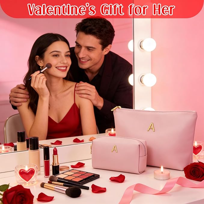 Valentine's Day Gifts for Women Girlfriend Initial Makeup Bag for Teen Girls Personalized Gifts for Friend Teacher Mom Wife Cosmetic Travel Toiletry Bag(Pink,K)