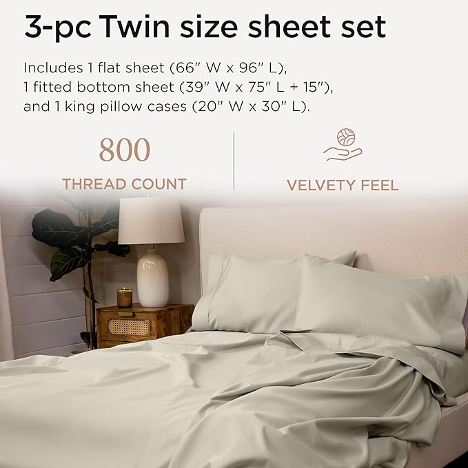 Threadmill Sheets for Twin Mattress | 800 Thread Count Twin Bed Sheets Set with 15” Deep Pocket | Sateen Weave, Better Than Egyptian Cotton, 3-Piece Bedding Set with Cooling Effect | Taupe