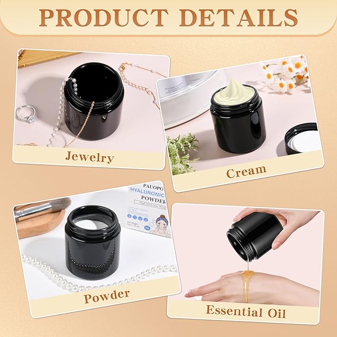 Glass Jars with Lids,Eco-Friendly Cosmetic Containers with Airtight Black Lids & Liners, Multi-Color Options for Cream, Lotion, Body Butter, DIY Skincare Travel Jars (Black, 4oz)