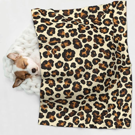 Two Sided Plush Pet Blanket for Crates Carriers Home Use, Leopard Prints Printed, Reversible Throw with Cozy Dot Fabric and Silky Reverse for Small Large Pets