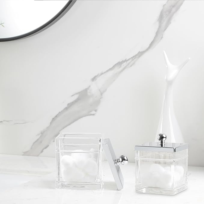 Glass Cotton Jar Holder 2 Pack– Silver/Chrome Lid, Elegant Bathroom Storage Canister for Qtips, Cotton Balls, Floss, Makeup Organizer, Vanity & Bathroom Organization