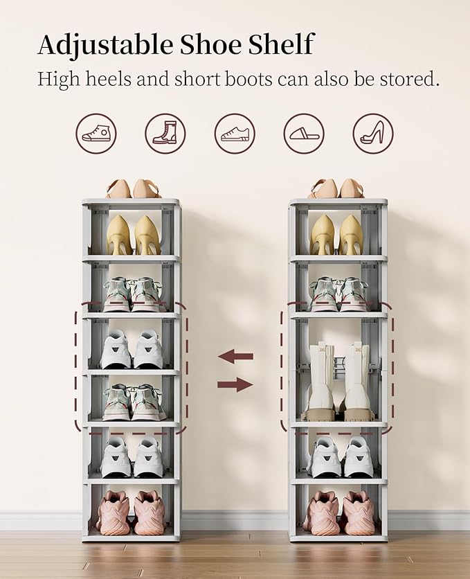 HAIXIN 10 Tier Narrow Shoe Rack, Shoe Rack for Closet, Small Shoe Rack Organizer for Front Door Entrance, Compact Stackable Shoe Storage Shelves Space Saving - Grey