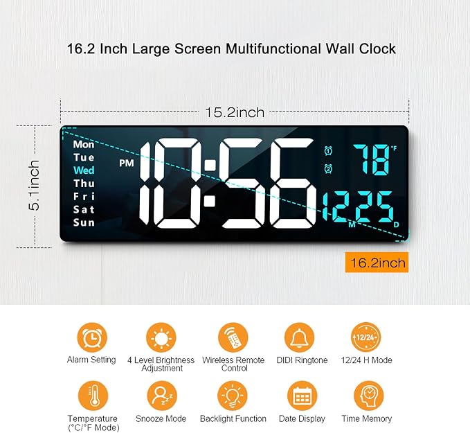 Abovsare 16.2 Inch Large Display Wall Clocks, LED Digital Clock