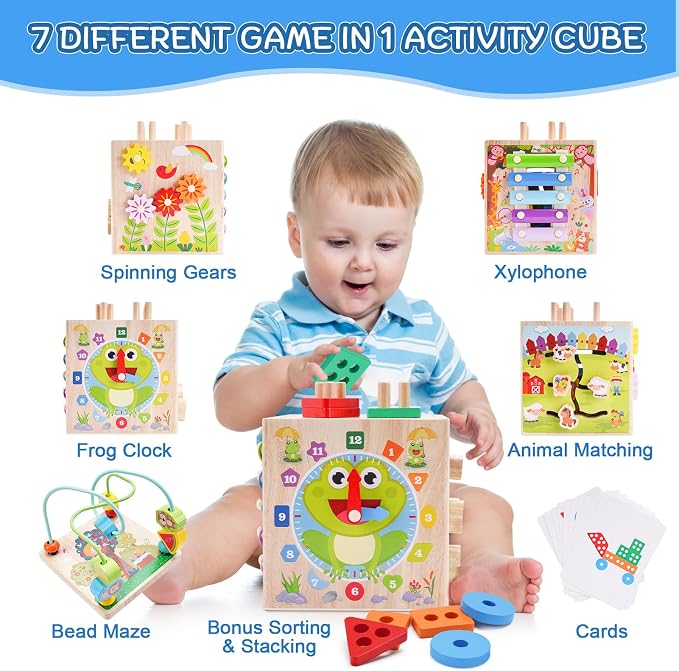 Wooden Activity Cube | Montessori Toys for 1 2 3 Year Old Toddler Gifts | One Year Old 1st First Birthday Gift | Educational Toys for 12+ Months Baby Boys Girls | Bonus Sorting & Stacking Game (Pink)