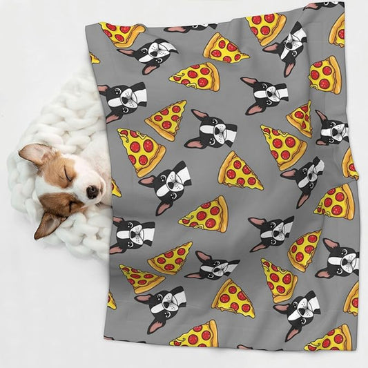 Two Sided Plush Pet Blanket for Crates Carriers Home Use, Grey Boston Terrier Dog Pizza, Reversible Throw with Cozy Dot Fabric and Silky Reverse for Small Large Pets