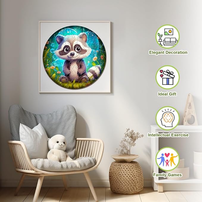 Wooden Puzzles for Kids Ages 4-8, Cute Raccoon Puzzle, Unique Animal Shaped Wooden Jigsaw Puzzles for Kid, 50 Pieces Puzzles for Kids(50pcs,11.4 * 11.4in)