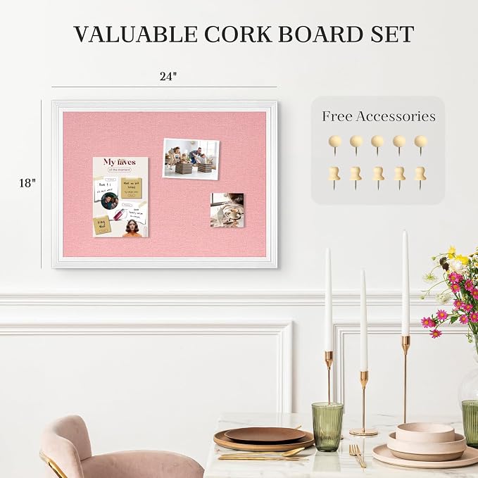 Large Pink Cork Board with Linen, Picture Display Vision Board Corkboards