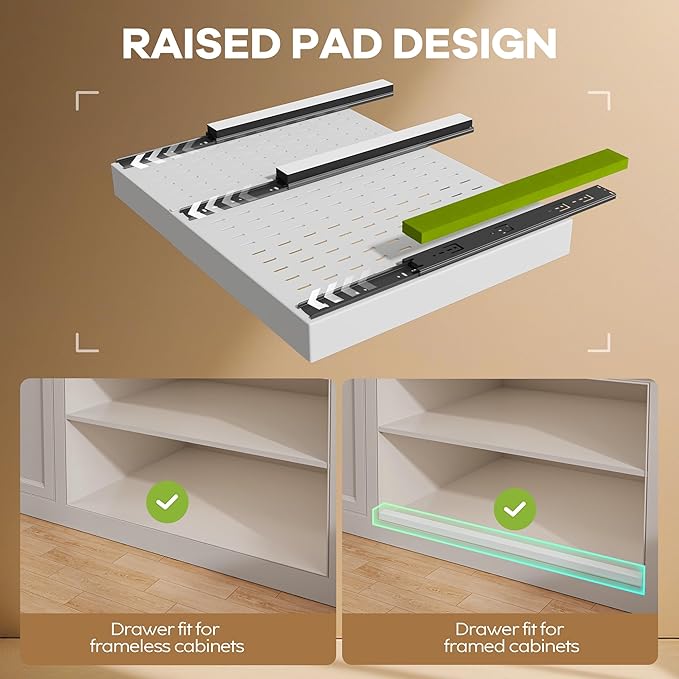 Seinloes 4 Pack Pull out Cabinet Organizer 21" Deep With Raising Pad for Framed Cabinets,Expandable (15.2"-26.3"W) Slide out Drawers for Kitchen Cabinets with 4pcs Divider Racks,Roll out Shelves,White