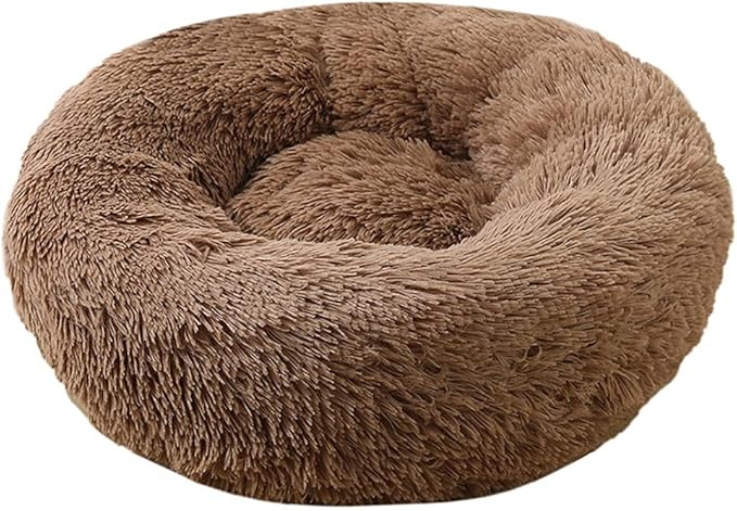 Calming Faux Fur Dog Beds Calming Donut Cuddler Dog Bed Washable Round Cat Bed Pillow Cuddler Fluffy Indoor Dog Calming Beds with Anti Slip Bottom Solid Color Light Coffee 39 Inch