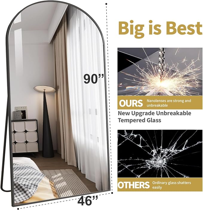 DMWOODFL 46"x90" Extra Large Arched Full Length Black Mirror