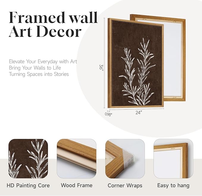 Framed Boho Botanical Wall Art for Living Room, 3 Piece Rustic Floral Canvas