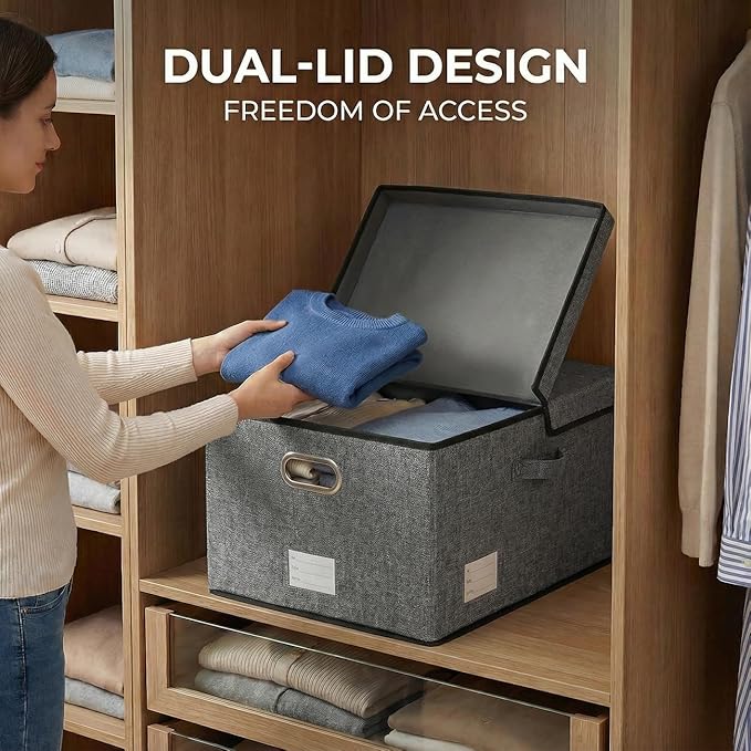 PRANDOM Storage Bins with Lids [3-Pack] Linen Fabric Foldable Storage Boxes Organizer Containers Baskets Cube with Cover for Bedroom Closet Office Grey(23.4X15.9X11.4)