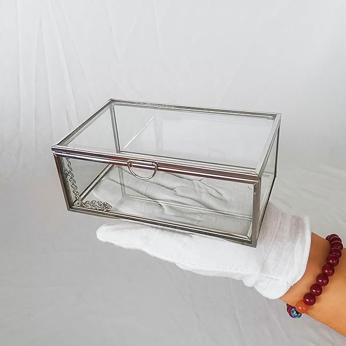 HighFree Vintage Glass Box with Lid - Clear Jewelry Glass Display Box Keepsake Box - Home Decor Decorative Box for Trinket Rings Bracelet (Silver, X-Small)