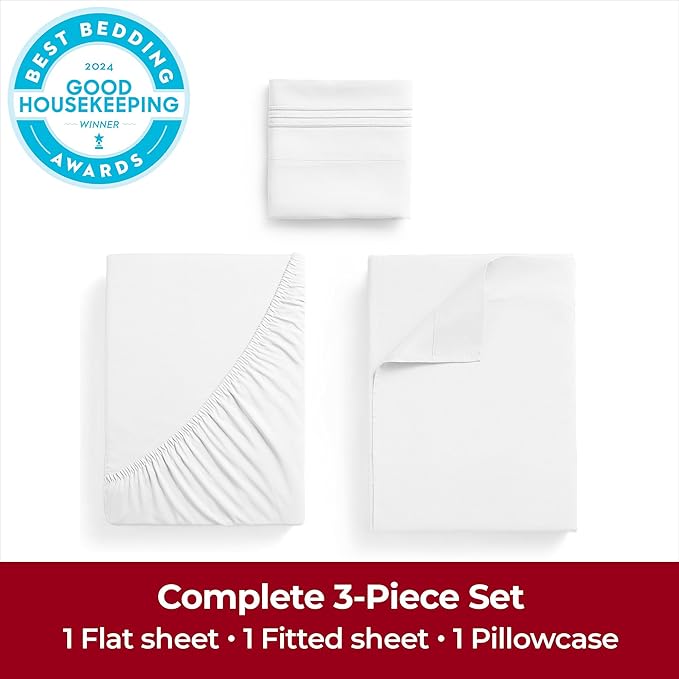 Mellanni Twin XL Sheets Set - 3 PC Iconic Collection Bedding - Hotel Luxury, Extra Soft, Cooling Bed Sheets - Wrinkle, Fade, Stain Resistant (Twin Extra Long, White)