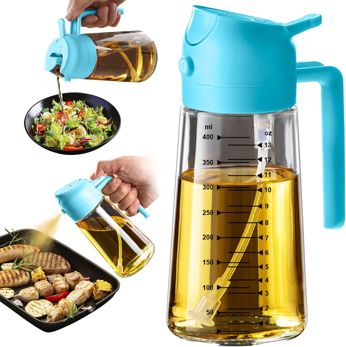 TrendPlain 16oz/470ml Glass Olive Oil Sprayer for Cooking – 2 in 1 Olive Oil Dispenser Bottle for Kitchen Gadgets and Air Fryer Accessories, Salad, BBQ - Black