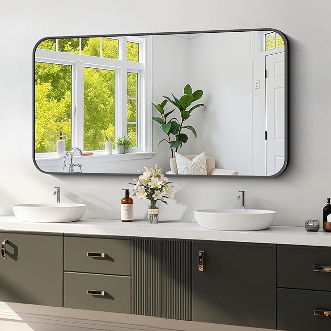 Koonmi Black Framed Bathroom Mirror - 24x48 Inch Shatterproof Tempered Glass Vanity Mirror for Bathroom Sink, Wall Mounted with Matte Aluminum Alloy Frame, No Distortion, Modern Decor