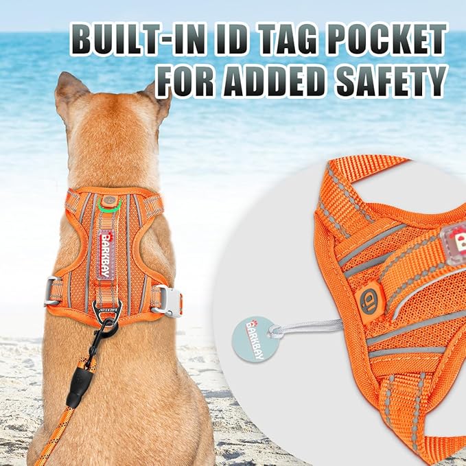 BARKBAY No Pull Dog Harness Large Reflective Dog Harness with Front Clip and Easy Control Handle for Walking Training Running with ID tag Pocket(Orange,L)