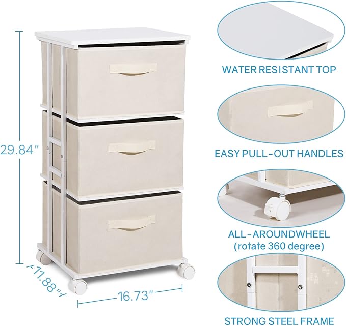 MAX Houser Dresser Tower with 3 Drawers for Bedroom, Fabric Storage Organizer Unit, Chest of Drawers with with WoodTop, Small Vertical Storage for Guest Room, Closet, Entryway, Nursery(Beige)