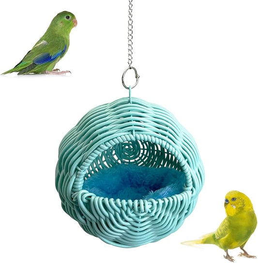 BNOSDM Rattan Parrot Nesting House Bird Nest Parakeet Hanging Swing Soft Lovebird Warm Bed Sleeping for Parrots Bird Cage Accessories for Cockatiels Budgerigars Finches Canaries (Blue)