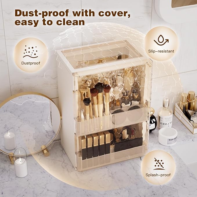 Makeup Organizer with Drawers,Skincare Organizer for Vanity,Large Cosmetic Display Case with Handle,Storage Organizers with Cover and Makeup Brush Holder for Dresser, Bathroom Countertop