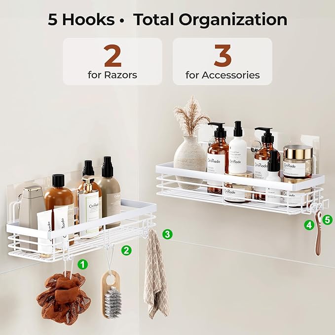 Orimade Shower Caddy with 5 Hooks for Hanging Razor and Sponge Adhesive Shower Shelf Basket Bathroom Storage Organizer Kitchen Rack No Drilling Stainless Steel Rustproof - 2 Pack,White