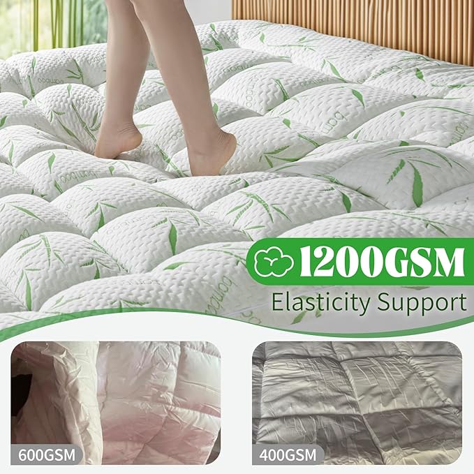 Mattress Topper Short Queen Size,Viscose Made from Bamboo Pillow Top Mattress Topper,1200 GSM Cooling Mattress Pad,2In Extra Thick Pillow Top for Back Pain with 8"-18" Deep Pocket(60"x75")