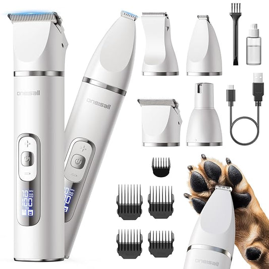 oneisall 4 in 1 Dog Grooming Kit with LCD Display, Dog Hair Trimmer for Paw Nail Grinder, Rechargeable Cordless Low Noise IPX7 Waterproof Pet Clippers (White)